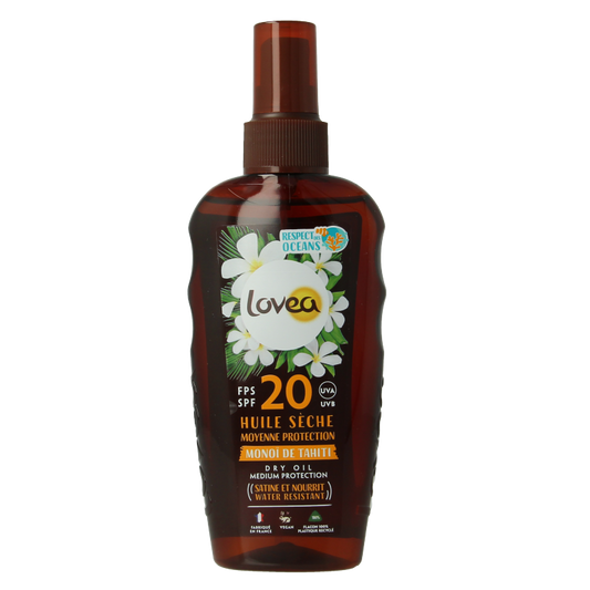 Lovea Dry Oil SPF 20 with Tahiti Monoi, medium protection, 150ml bottle, natural sun protection for skin.
