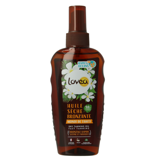 Lovea Tahiti Monoi dry tanning oil in 150ml bottle, featuring tropical fragrance and moisturizing properties for sun-kissed skin.