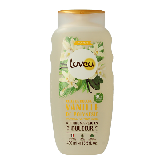 Lovea vanilla shower gel in a 400ml bottle, moisturizing bad en douche product with vanilla scent.