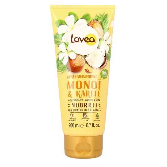 Lovea Monoi & Shea conditioner for hair care, 200ml bottle with natural ingredients and nourishing formula.