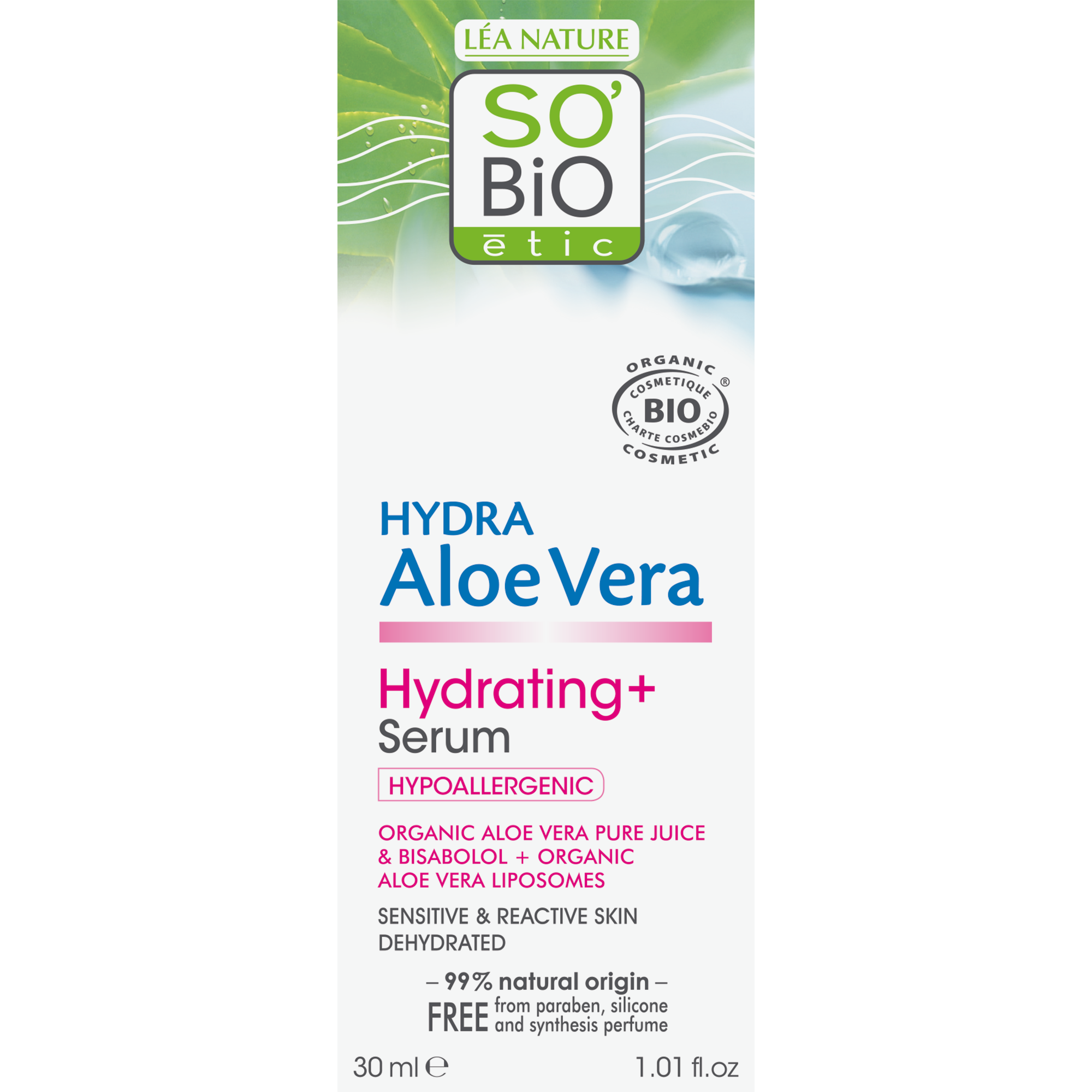 So Bio Etic Aloe Vera serum for body care, 30ml bottle with clear liquid and green label, natural skincare product