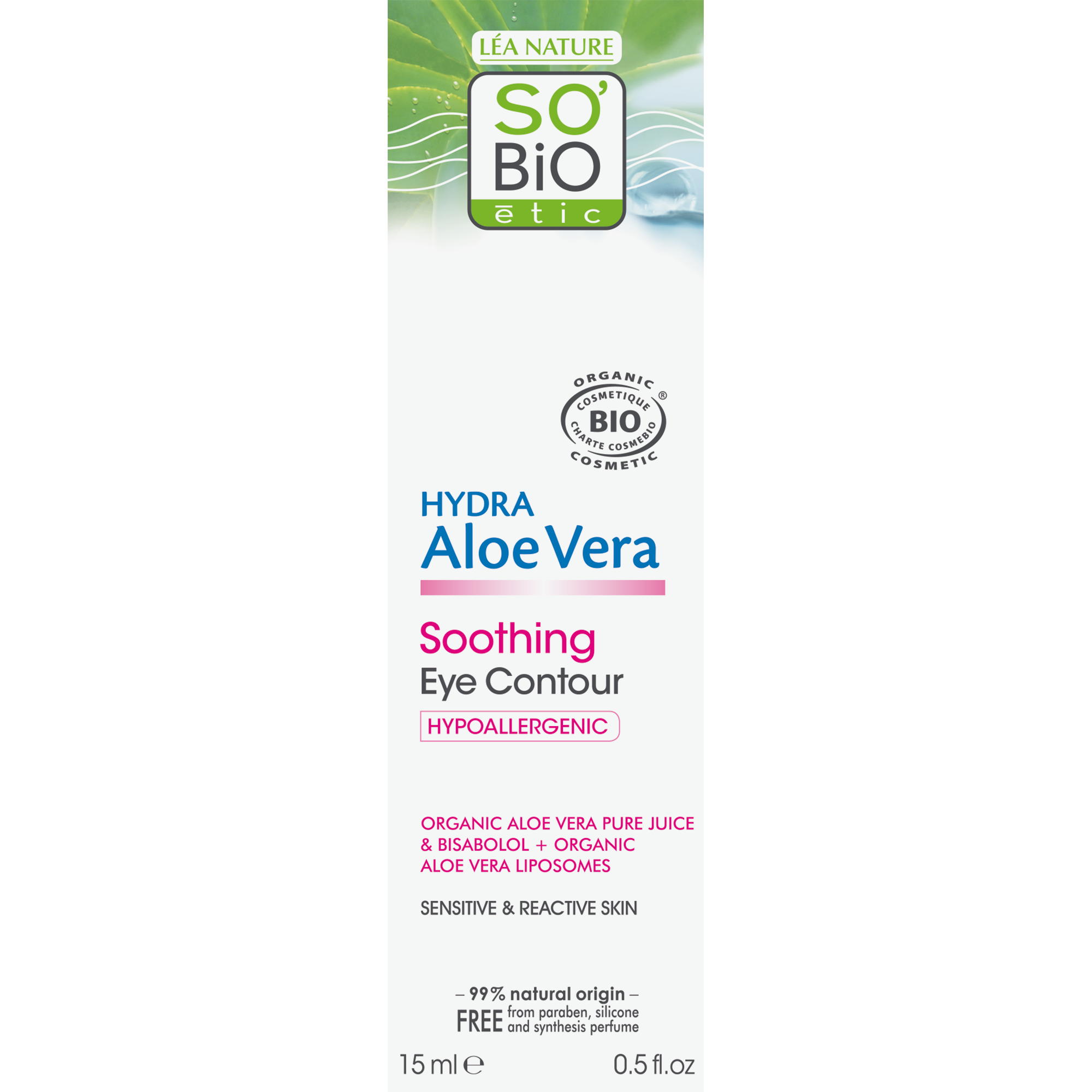 So Bio Etic Aloe Vera eye contour cream in 15ml jar, featuring natural ingredients for gentle eye area hydration.