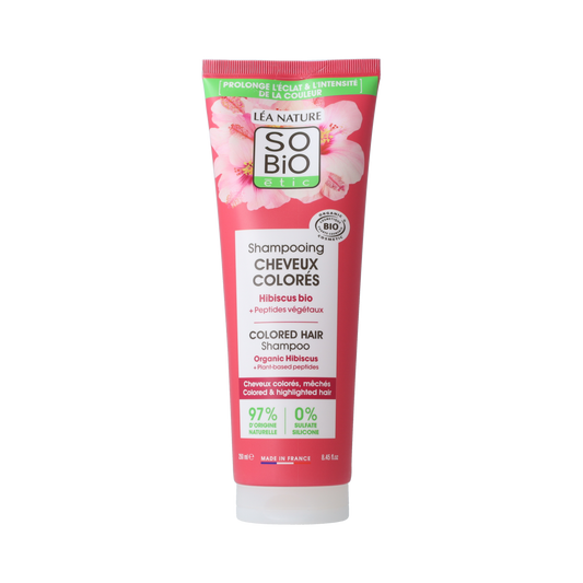 So Bio Etic Colour & Shine Hibiscus Shampoo bottle showing 250ml size, natural hair care product for vibrant, shiny hair.