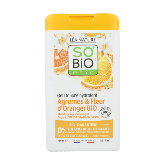 So Bio Etic shower gel with lemon, orange blossom scent in a 450ml bottle, featuring a clear pump dispenser and citrus-themed design.
