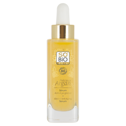 So Bio Etic anti-age global facial serum in 30ml bottle, featuring a sleek packaging and dropper applicator.