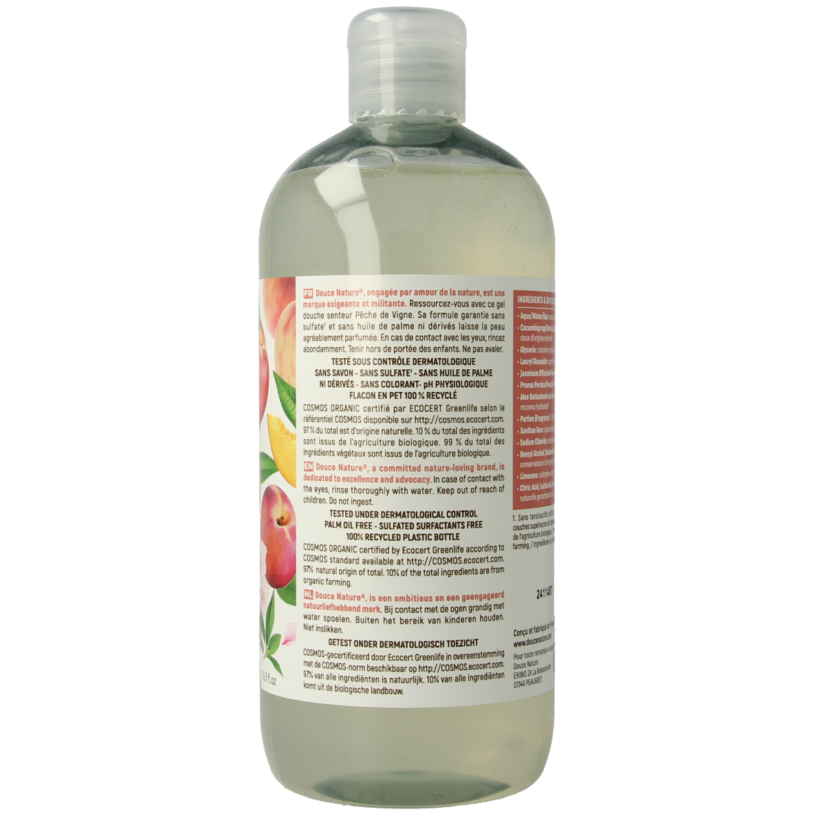 Douce Nature Peach Shower Gel in 500ml bottle, natural skincare product for refreshing bath and shower use.