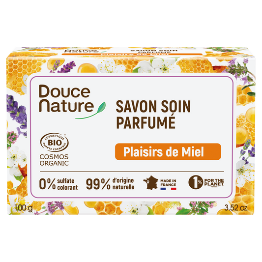 Douce Nature Honey Pleasure Zeep bar, 100g, natural soap with honey, shown with textured soap bar and honey ingredient visuals