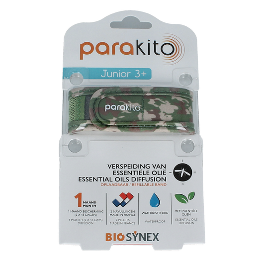 Parakito junior camouflage anti-mug armband for children, designed to repel mosquitoes and biting insects.