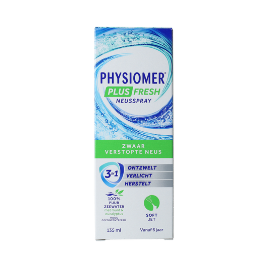 Physiomer Plus nasal spray bottle, 135ml, for nasal care and inhalation, with a white and blue label.