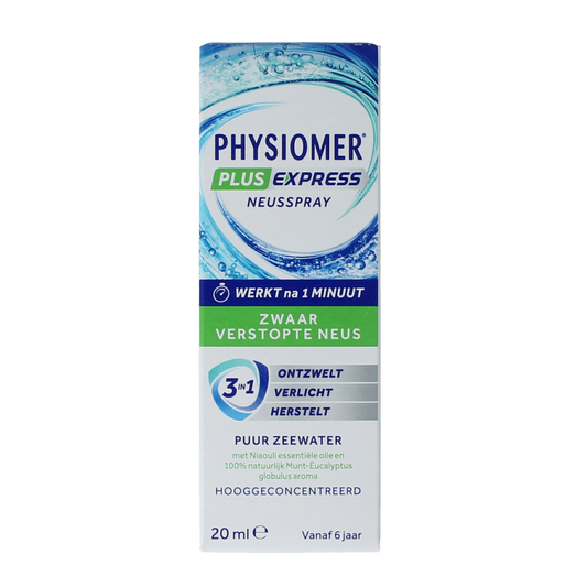 Physiomer Plus fresh nasal spray bottle, 20ml, for nasal care and inhalation therapy, by Physiomer.