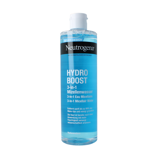 Neutrogena Hydra Boost micellar water in a 400ml bottle, facial skincare product for gentle cleansing and hydration.