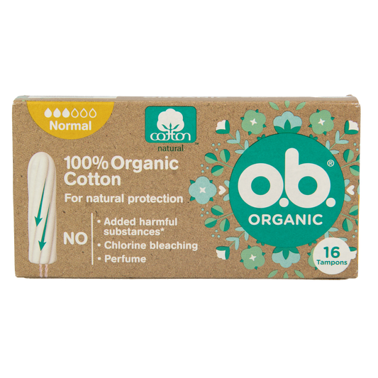 OB Tampons organic normal for women, 16-pack, showing individual white tampons with packaging details.
