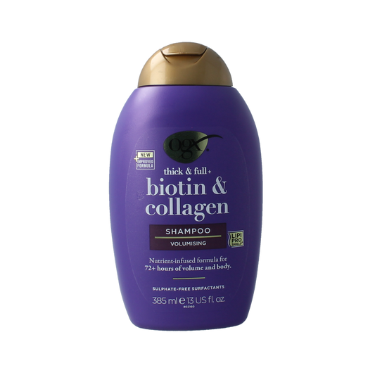 OGX biotin and collagen shampoo bottle, 385ml, for hair care, with a white and purple label featuring natural ingredients.