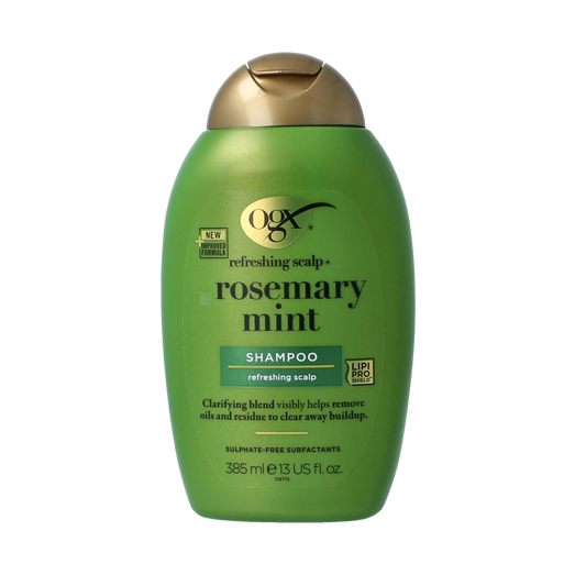 OGX Rosemary Mint Shampoo bottle in 385ml size, featuring a green and white label with rosemary and mint illustrations.