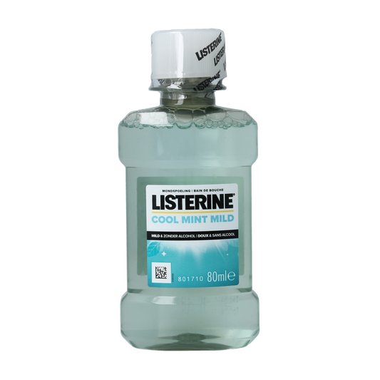 Listerine Mondwasser Cool Mint mild in 80ml bottle, mouthwash for fresh breath and oral hygiene.