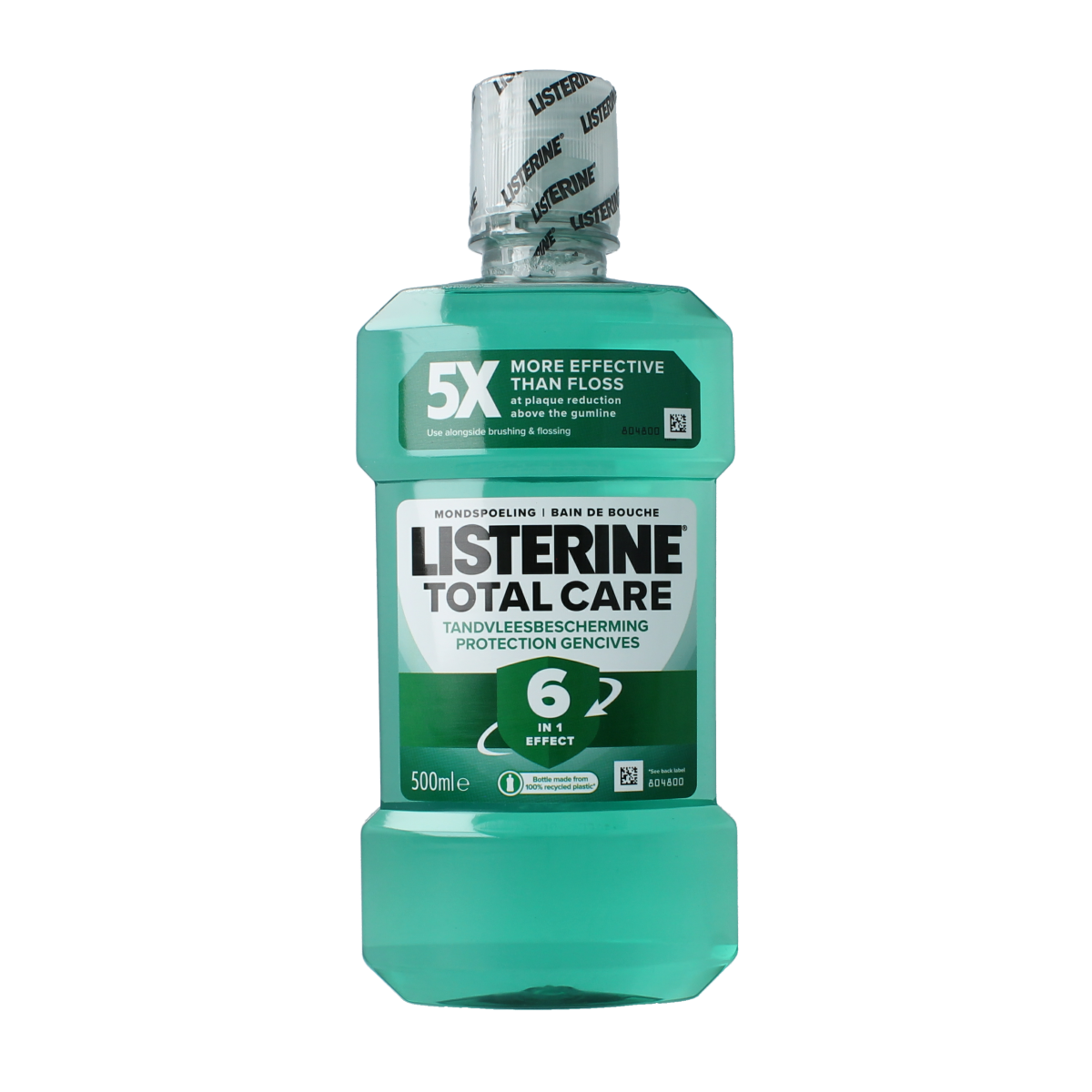 Listerine Total Care mouthwash in a 500ml bottle, promoting oral health and gum protection.
