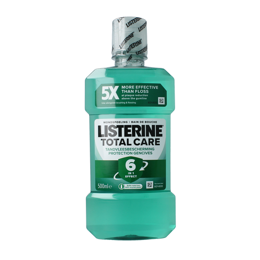 Listerine Total Care mouthwash in a 500ml bottle, promoting oral health and gum protection.