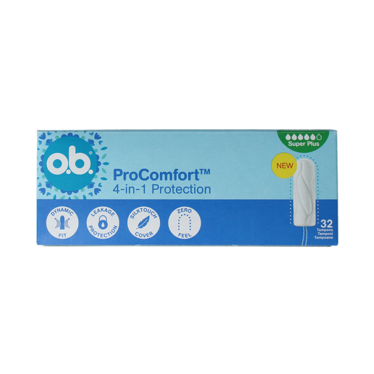 OB Tampons Pro Comfort Advanced Super Plus, pack of 32, with cardboard applicators and white tampon tips.