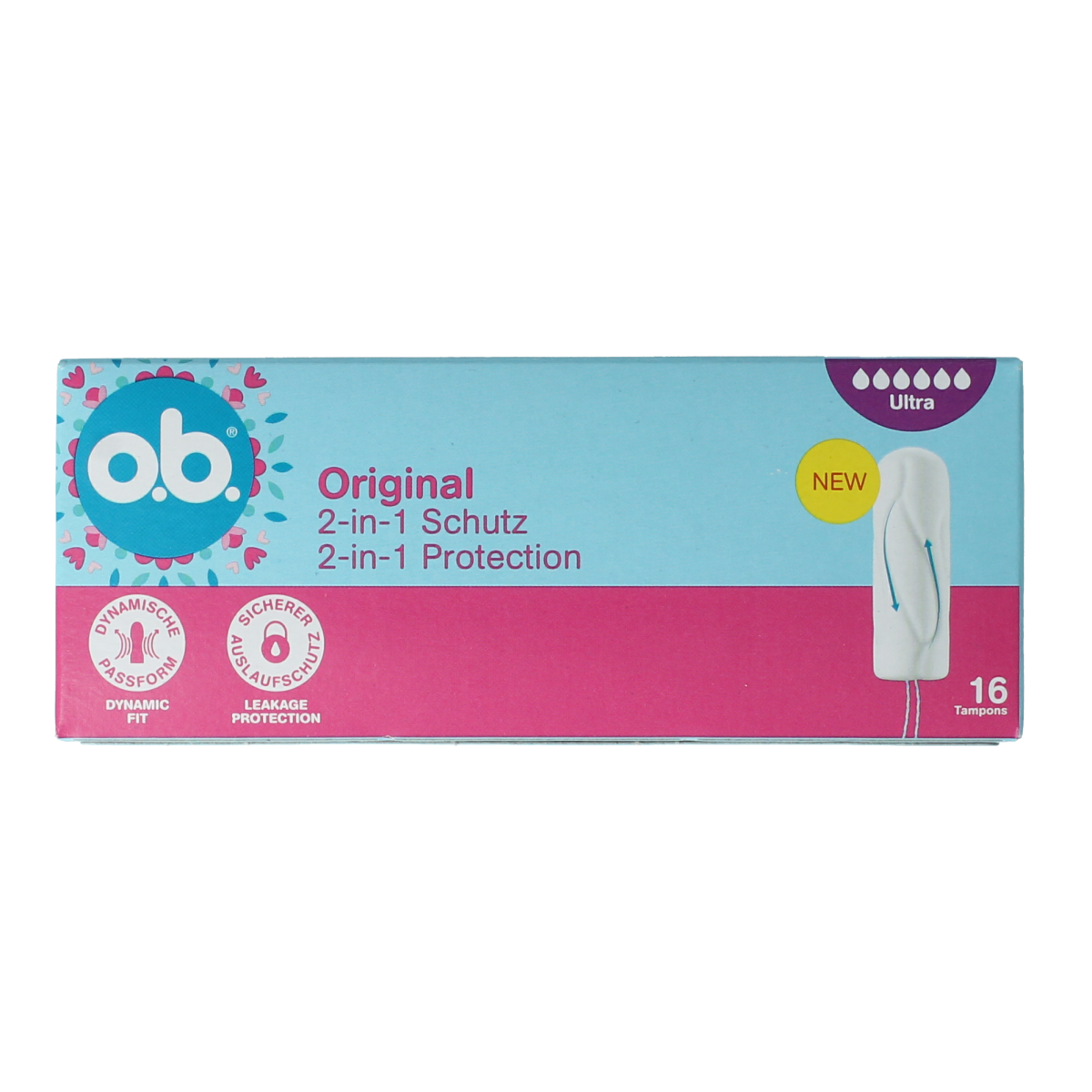 OB Tampons original dynamic fit ultra, pack of 16, feminine hygiene tampons designed for comfort and protection.