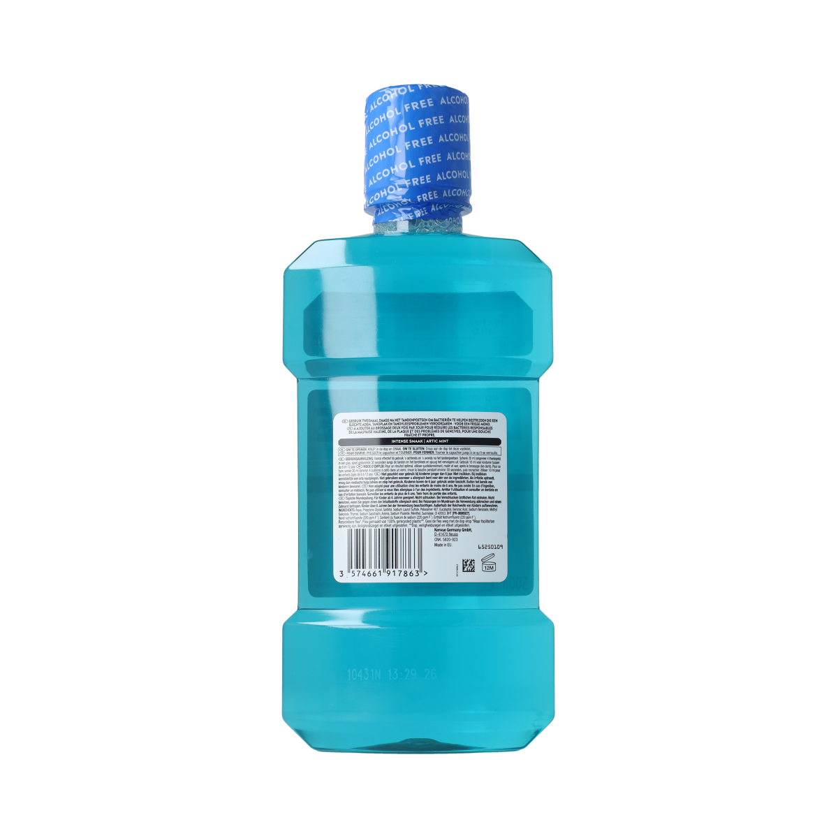Listerine Coolmint Alcohol-Free mouthwash bottle, 500ml, in a clear plastic container with a blue cap and label.