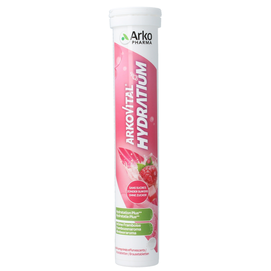 Arkovital Hydratium Framboos raspberry-flavored effervescent tablets for hydration and vitamins, displayed in a clear glass.