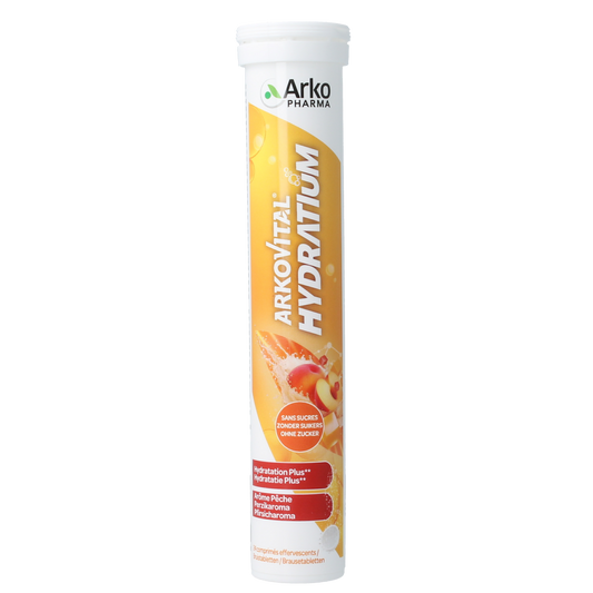 Arkovital Hydratium Peach effervescent tablets, a dietary supplement with peach flavor in a clear container