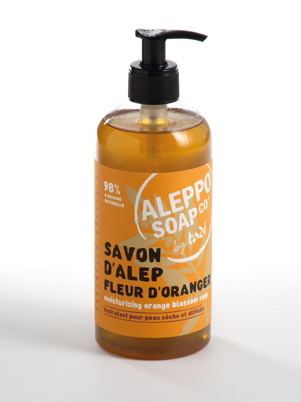 Aleppo Soap Co Sinaasappel soap pump with 500ml orange-scented natural zeep in a clear plastic pump bottle.