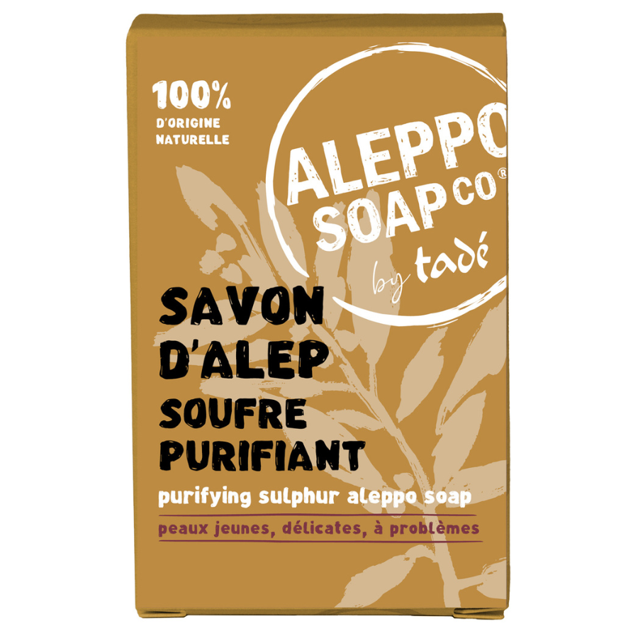 Aleppo Soap Co sulfur flower soap in a 150g box, natural Zeep with traditional ingredients and elegant packaging.