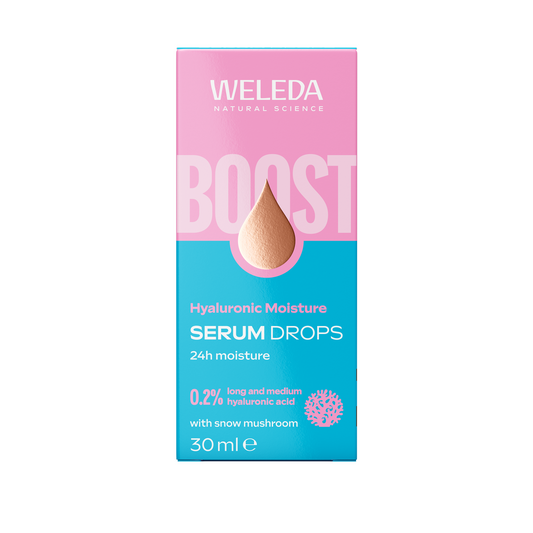 Weleda Hyaluronic Boost Serum Drops in 30ml bottle, facial skincare product with dropper for hydrating skin.