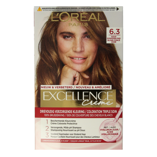 Excellence 6.3 dark blonde hair coloring set with professional-quality hair dye and applicator bottles.