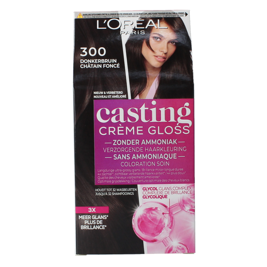 Casting Creme Gloss 300 Dark Delight hair dye in a set, featuring rich, dark brown coloring for vibrant, glossy hair.