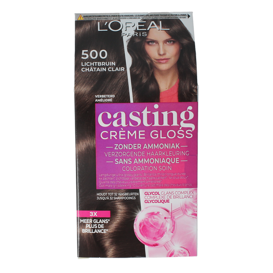 Casting Creme Gloss hair color in shade 500 Cafe Lungo, brown hair dye set, with packaging and product tube visible.