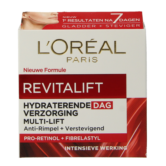 L'Oreal Paris Revitalift facial cream in 50ml jar, hydrating skincare product for anti-aging and skin revitalization.