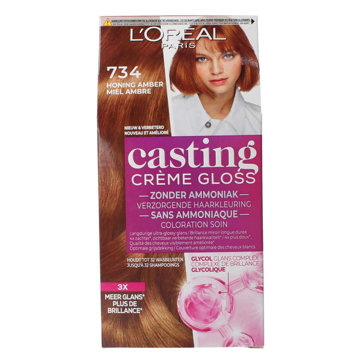 Casting Casting Creme Gloss 734 Honey Crumble hair coloring kit with gloves and applicator for natural-looking blonde hair.