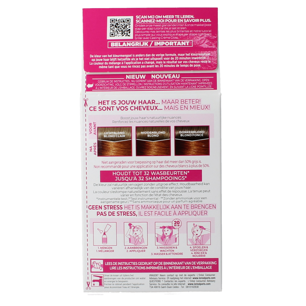 Casting Creme Gloss 734 Honey Crumble hair dye kit with cream, gloves, and instructions for natural-looking hair coloring.