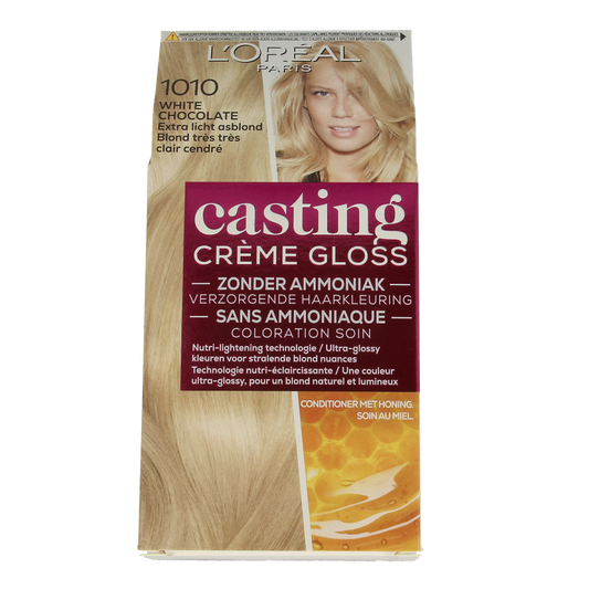 Casting Creme Gloss 1010 White Chocolate hair dye set with a blonde shade and cream formula, packaged in a box with hair color instructions.