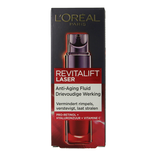 L'Oreal Paris Revitalift X3 laser serum 30ml for facial skincare, featuring a clear bottle with a pump dispenser and serum inside.