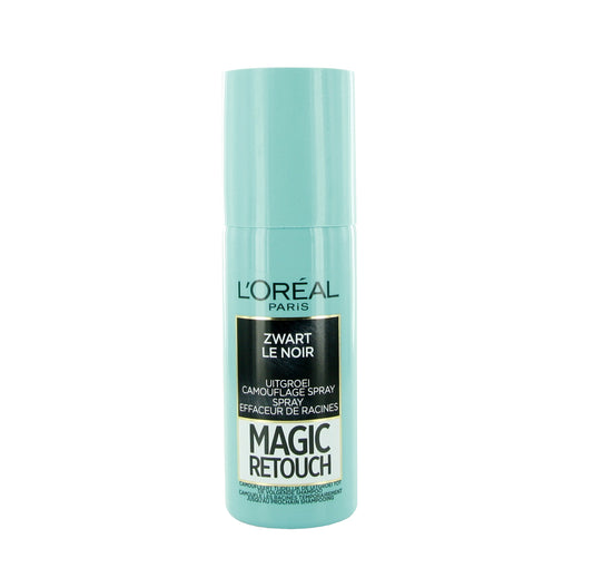 Magic Retouch zwart spray for hair coloring, 75ml, in a sleek black bottle, designed for quick root touch-ups and color concealment.