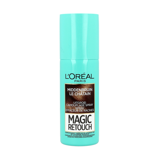 Magic Retouch midden bruin spray for hair coloring, 75ml bottle shown in the image