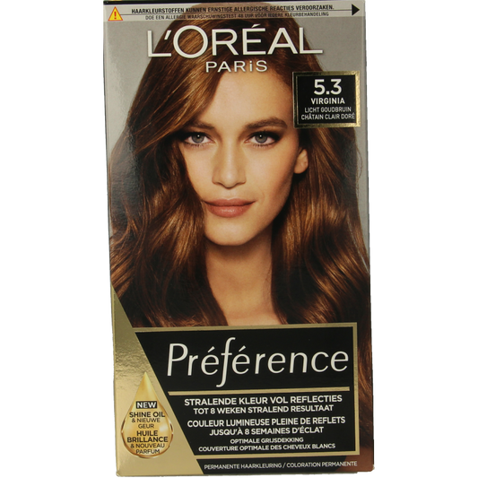 Preference 5.3 Virgin light golden brown hair coloring set, featuring application bottles and gloves, for natural-looking hair color.