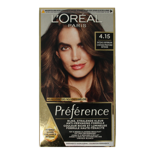Preference 4.15 Caracas diep kastanjebruin hair coloring set showing a box of hair dye with color details