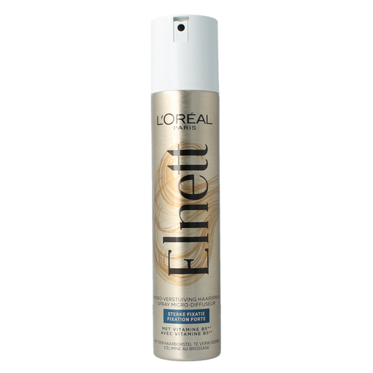 Elnett Satin Strong Hold Hair Spray in 200ml, hair styling product with spray nozzle and sleek packaging.