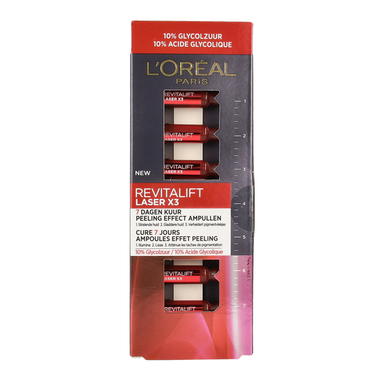L'Oreal Paris Revitalift Laser X3 Peeling Effect Ampullen in a box, featuring seven skincare ampoules for facial treatment.