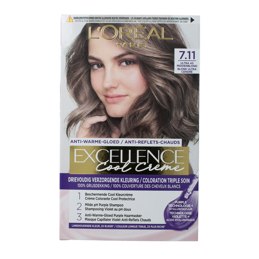 Excellence Cool Creme 7.11 Ultra Asblond hair coloring cream in a tube, used for professional hair dyeing.