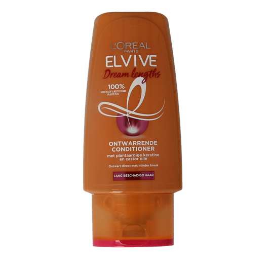 Elvive Dream Lengths hair conditioner in a 90ml bottle, showcasing the creamy texture and packaging for hair care.