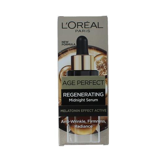 L'Oreal Paris Age Perfect Cell Renew Midnight Serum 30ml, facial skincare product with a sleek bottle and dropper applicator.