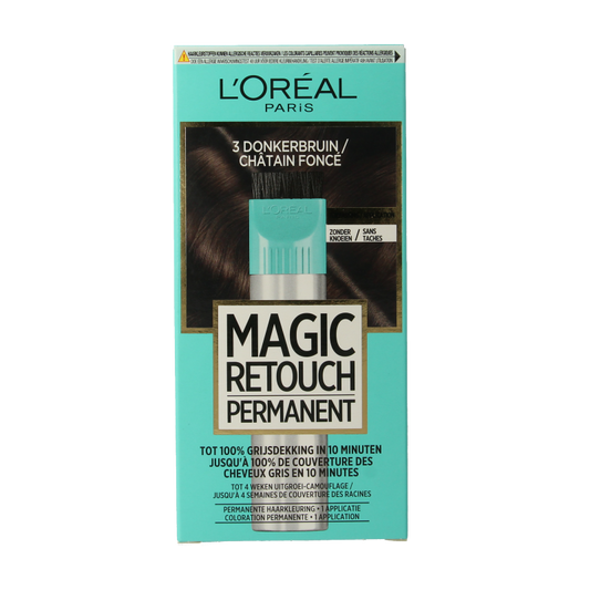 Magic Retouch permanent hair dye in shade 3 donkerbruin, showing the product bottle with its label and cap.