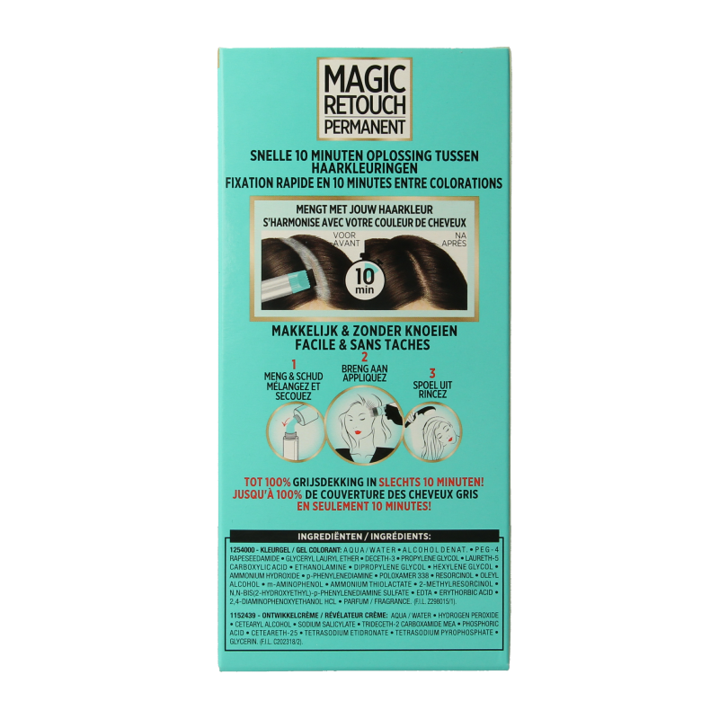 Magic Retouch Permanente dark brown hair coloring bottle, 1 piece, for quick root touch-ups and natural-looking color.