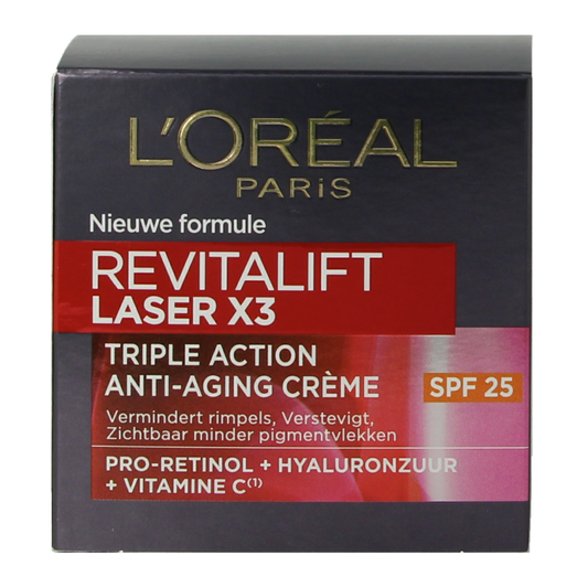 L'Oreal Paris Revitalift Laser X3 day cream with SPF25, 50ml, facial skincare product in a white jar with a silver lid.