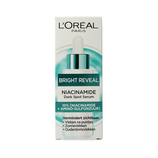 L'Oreal Paris Bright Reveal dark spot serum in a 30ml bottle, facial skincare product for brightening and evening skin tone.